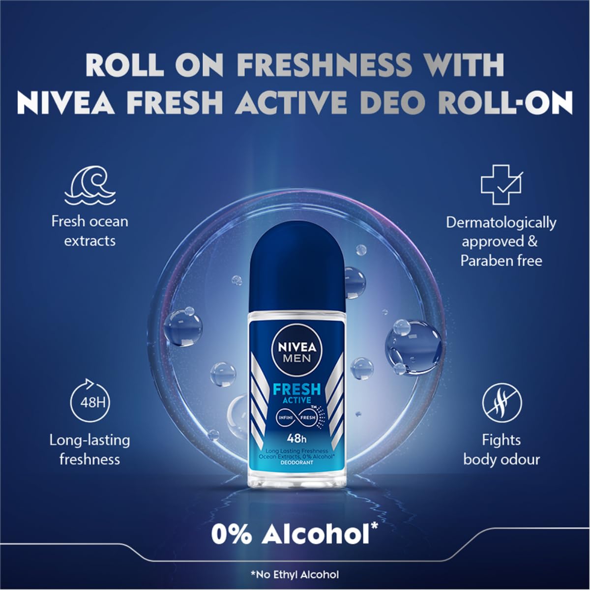 Nivea Men Fresh Active 50ml Deo Roll On | With Fresh Ocean Extracts| 72 H Freshness| 0% Alcohol | Dermatologically Approved & Paraben Free Formula