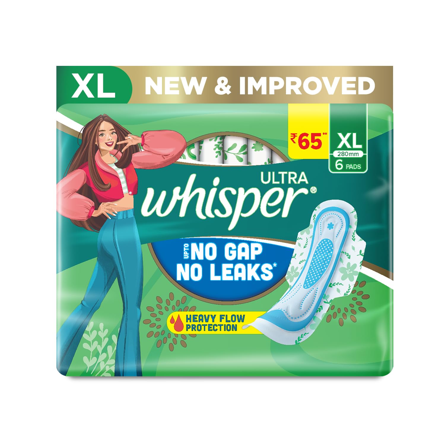 Whisper Ultra Upto No Gap No Leaks Sanitary Pads, 6 Xl Pads