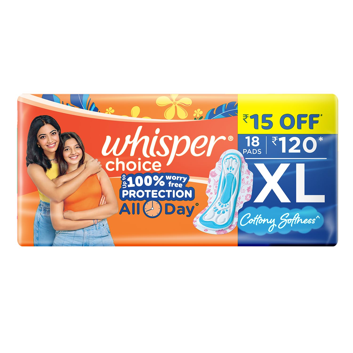 Whisper Choice Sanitary Pads With Wings For Women, Xl, 18 Napkins
