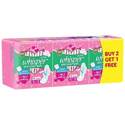 Whisper Ultra Skin Love Soft Sanitary Pads - For Women, Xl, With Disposable Wrap, 45 Pcs (Buy 2 Get 1 Free)