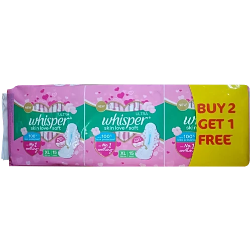 Whisper Ultra Skin Love Soft Sanitary Pads - For Women, Xl, With Disposable Wrap, 45 Pcs (Buy 2 Get 1 Free)