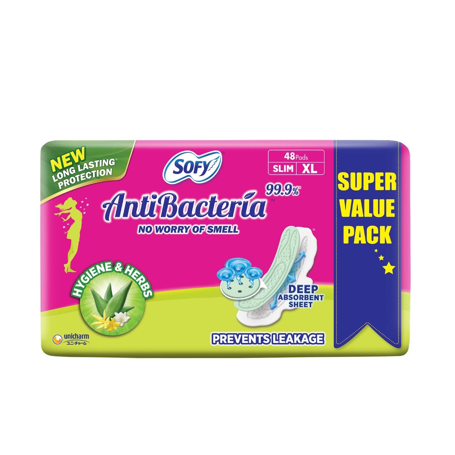 Sofy Anti Bacteria Extra Long Sanitary Pads, Pack Of 48