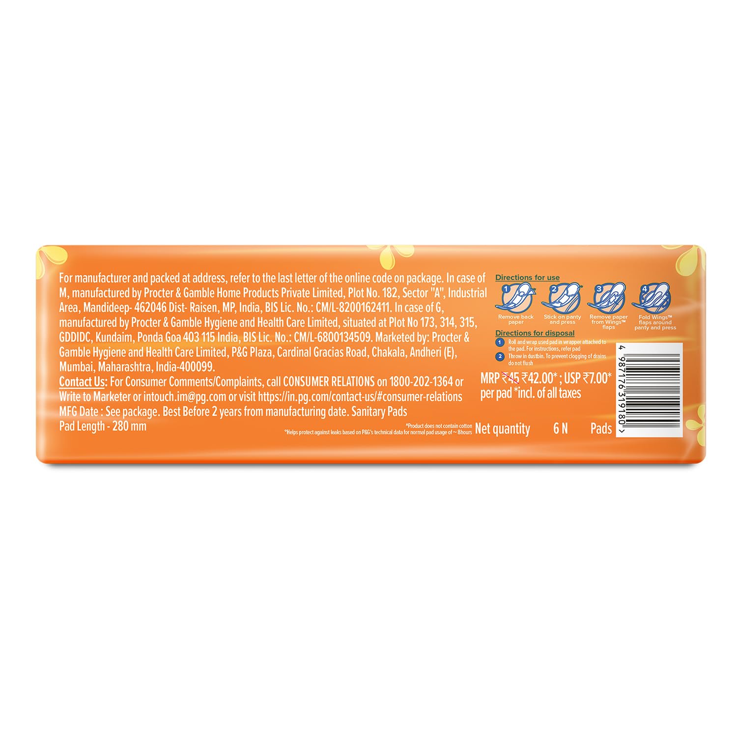 Whisper Choice Sanitary Pads For Women, Xl, 6 Napkins