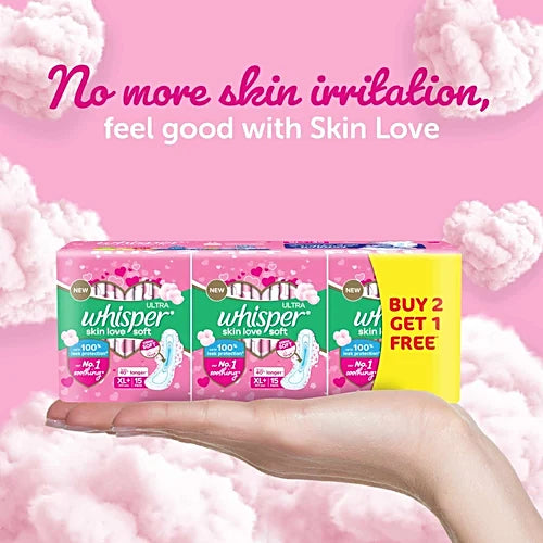 Whisper Ultra Skin Love Soft Sanitary Pads - For Women, Xl, With Disposable Wrap, 45 Pcs (Buy 2 Get 1 Free)