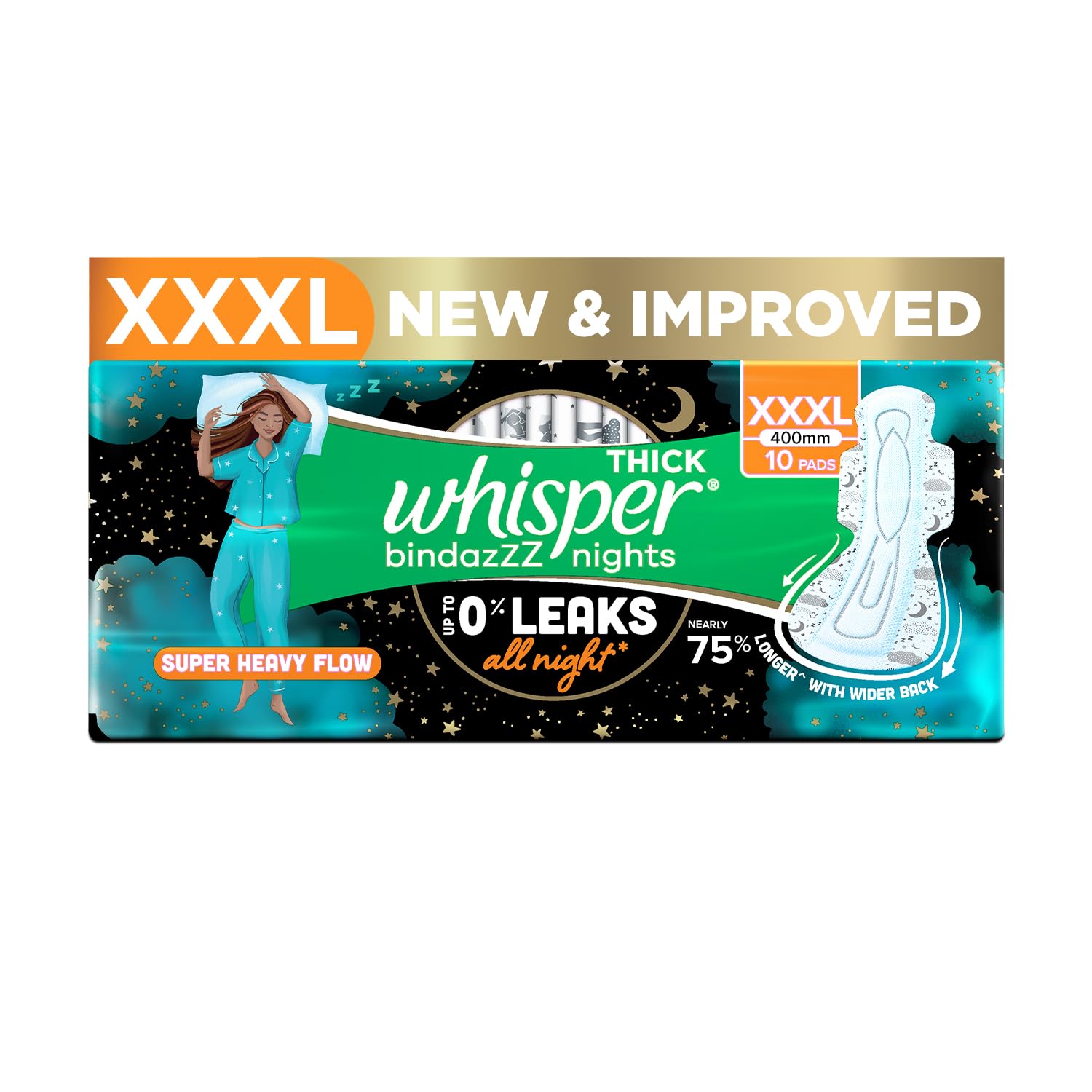 Whisper Bindazzz Nights Thick, Xxxl, 10 Pads