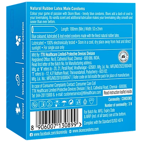 Skore Condoms - Blue Colored, 3 Pcs