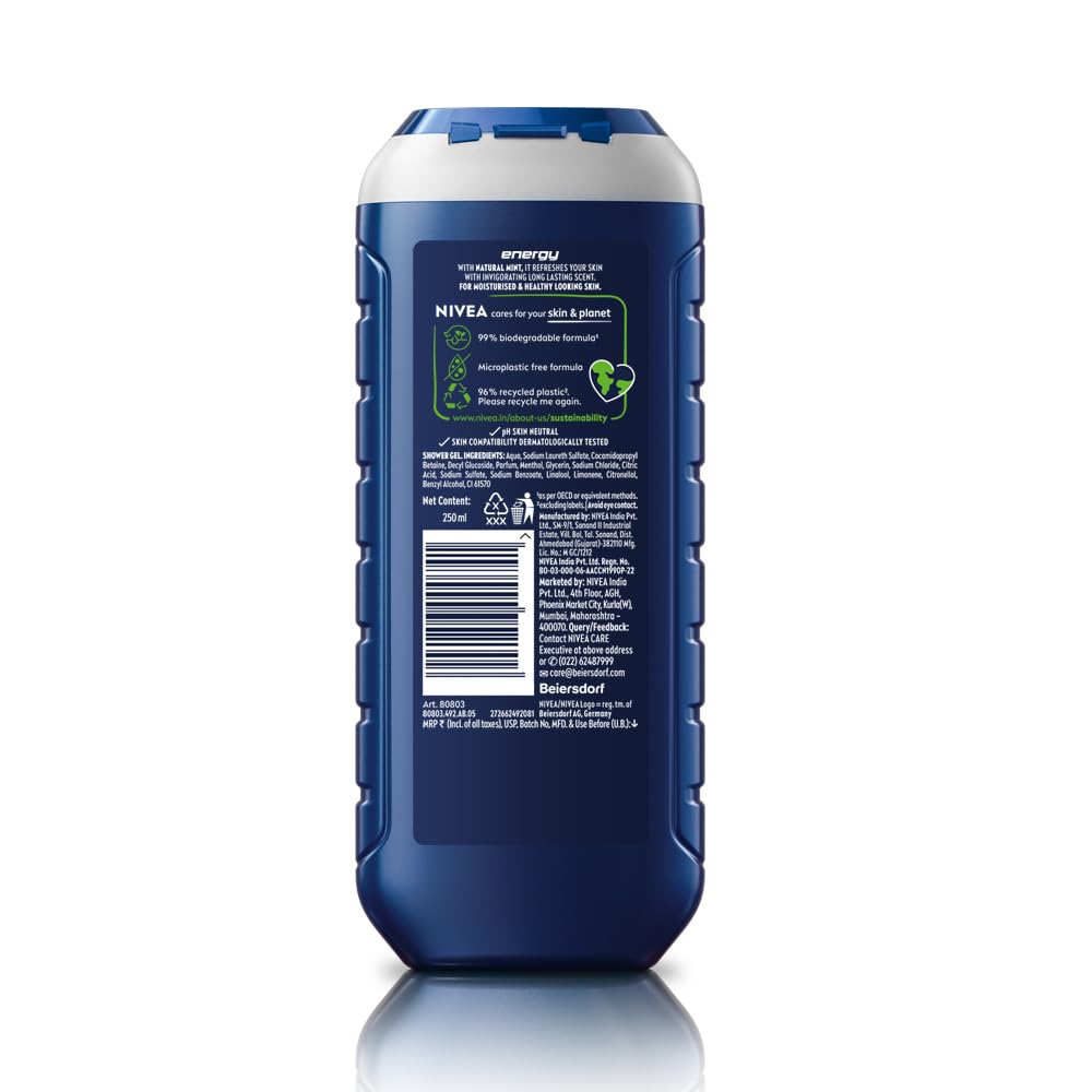 Nivea Men Body Wash, Energy With Mint Extracts, Shower Gel For Body, Face & Hair, 250ml