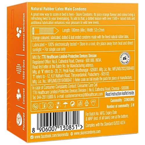 Skore Dotted & Coloured Condoms - Orange Flavoured, 3 Pcs