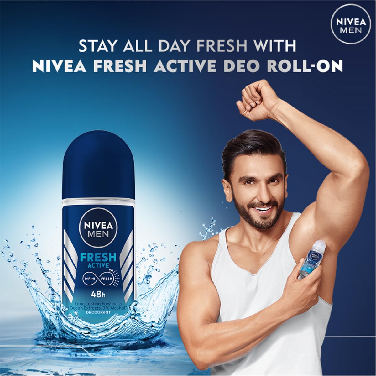 Nivea Men Fresh Active 50ml Deo Roll On | With Fresh Ocean Extracts| 72 H Freshness| 0% Alcohol | Dermatologically Approved & Paraben Free Formula