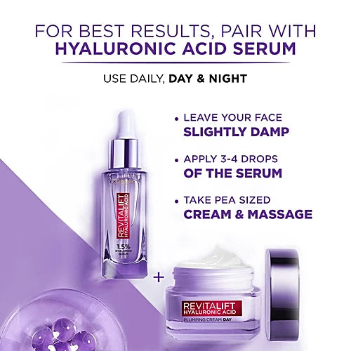 L'Oreal Paris Revitalift Hyaluronic Acid - Plumping Day Cream, For Hydrated, Smooth & Radiant Skin, 15 Ml Jar