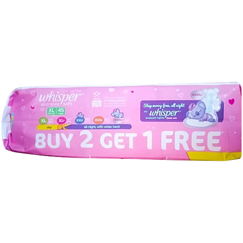 Whisper Ultra Skin Love Soft Sanitary Pads - For Women, Xl, With Disposable Wrap, 45 Pcs (Buy 2 Get 1 Free)