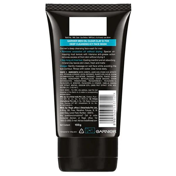Garnier Men Oil Clear Clay D-Tox Deep Cleansing Icy Face Wash Mineral Clay+Menthol 150gm