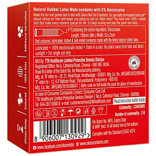 Skore Not Out Condoms - Climax Delay & Dotted, 3 Pcs