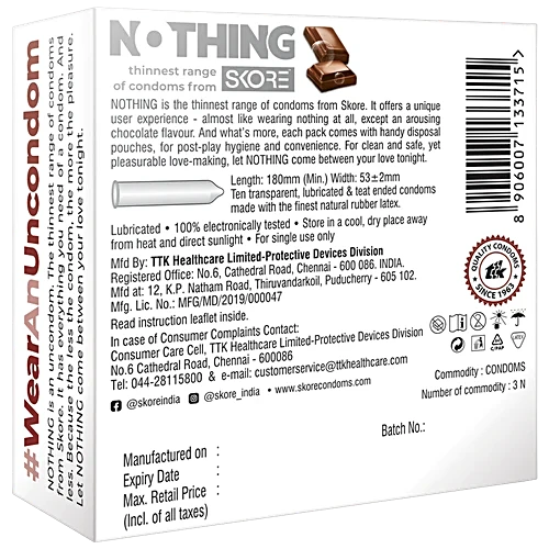 Skore Nothing Climax Delay Condoms - Ultra Thin, Chocolate Flavoured, 3 Pcs
