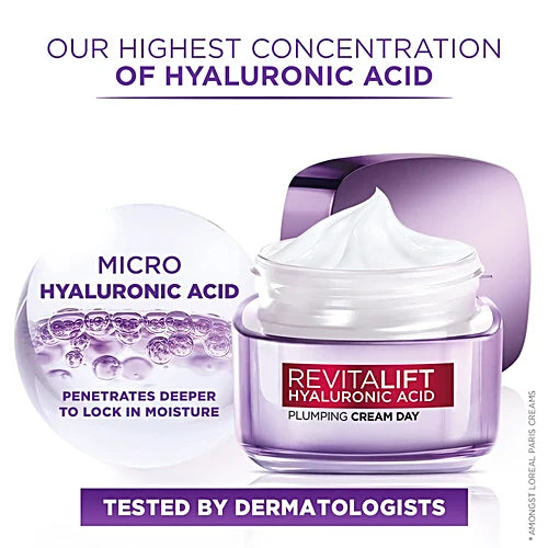 L'Oreal Paris Revitalift Hyaluronic Acid - Plumping Day Cream, For Hydrated, Smooth & Radiant Skin, 50 Ml Jar