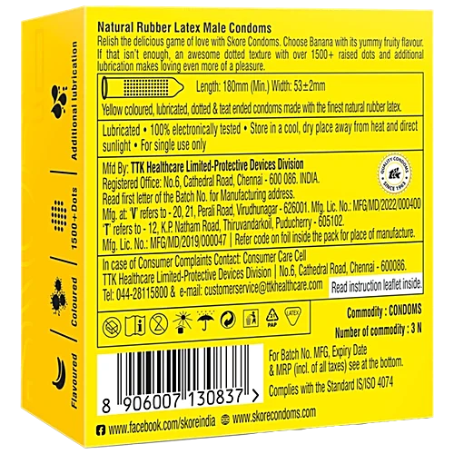 Skore Dotted & Coloured Condoms - Banana Flavoured, 3 Pcs